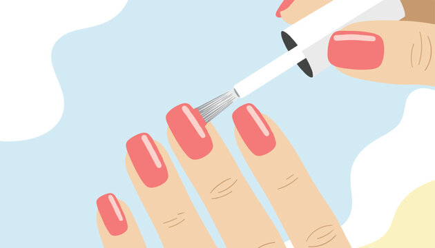 Hand receiving a manicure with a brush applying pink nail polish to the fingernails on a soft pastel background.