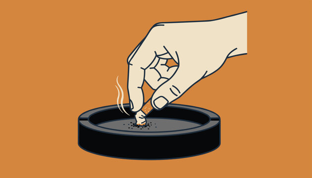 Hand putting out a cigarette butt in a black ashtray on an orange background, representing quitting smoking.