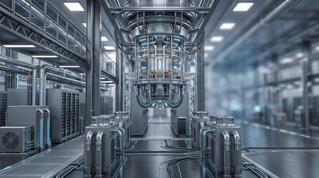 Enterprise quantum computing server hall with central mainframe 3D illustration with copy space
