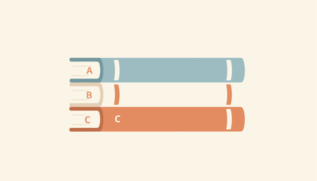 Stack of three school textbooks labeled A B and C in soft blue cream and terracota colors on a beige backdrop.