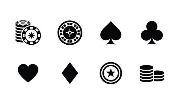 Set of eight black casino icons including card suits roulette wheel and stacks of gambling chips on white.