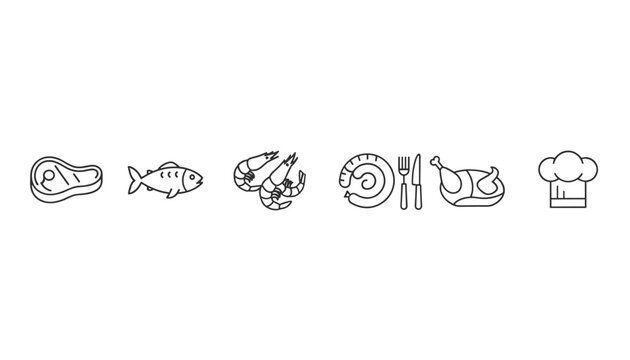 Simple line art icons of food and cooking showing steak, fish, shrimp, sausage, roasted chicken, and a chef hat.