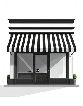 Classic storefront with striped awning, large windows, and entry door