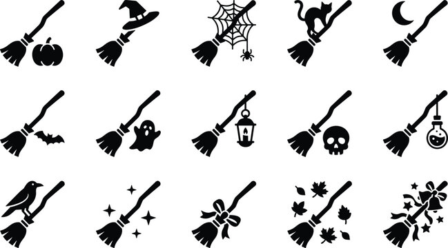 Set of black silhouette icons of halloween witch broomsticks with pumpkins hats spiders bats and ghosts