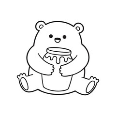 Cute cartoon polar bear holding jar of honey line art illustration © Md