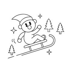 Line art illustration of a bear cub sledding in a winter scene © Md