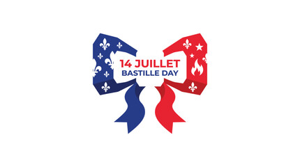 Elegant blue and red vector ribbon illustration featuring the French fleur de lis symbol and patriotic festive text for celebrating the national holiday of Bastille Day in France every year. © Saif