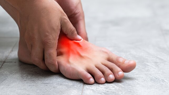 Realistic medical 3D illustration of human joint inflammation caused by gout disease, painful uric acid crystal buildup in toe joint, anatomical close-up showing swollen tissue, 
