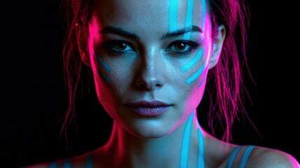 Obraz premium Futuristic model with luminous dewy skin and abstract blue and pink light streaks