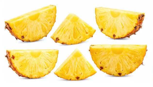 Six juicy pineapple wedges, with textured skin and bright yellow flesh