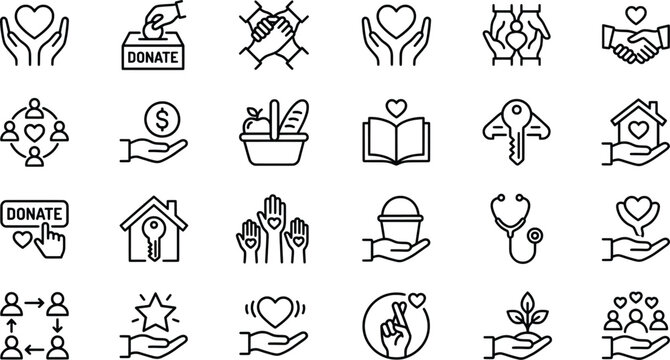 Charity and donation line icons set, 24 volunteer and non-profit organization symbols, outline vector illustrations for community support and philanthropy