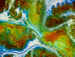 Fototapeta premium Colorful abstract design with swirls and patterns in green, blue, and brown shades
