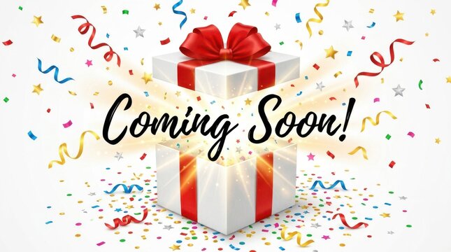 Gift box with confetti and Coming Soon text