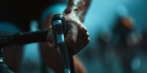 Fototapeta premium Close-up of a cyclist's hand gripping the handlebars, showing determination and focus during a race. The blurred background suggests speed and competition.