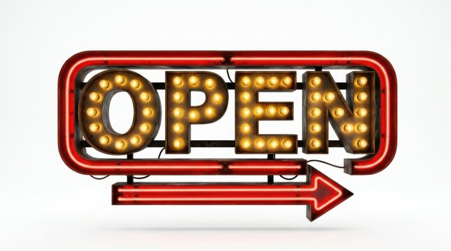 Open sign with arrow, illuminated letters, red border
