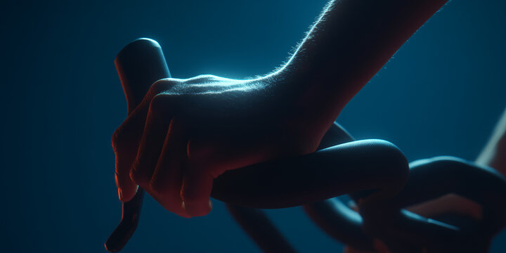 Close-up of a person's hand gripping the handlebars of a stationary bike, illuminated by dramatic lighting