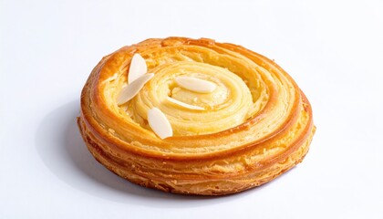 Fototapeta premium Golden, flaky pastry swirls filled with creamy custard and topped with almond slivers