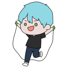 Cheerful boy jumps rope with bright smile