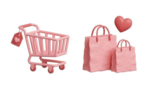 Pink shopping cart and bags with heart