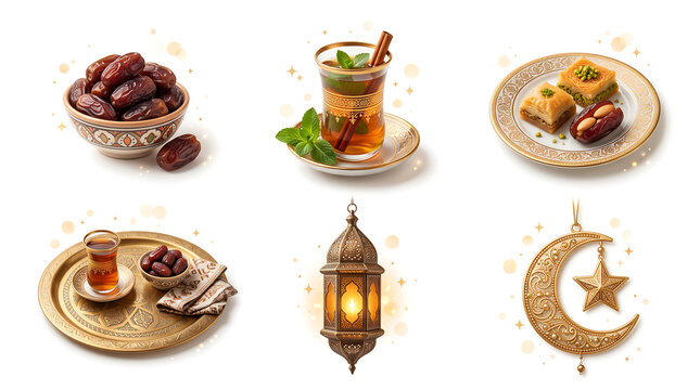 Premium Ramadan Kareem and Eid Mubarak clipart set with traditional food and lantern
