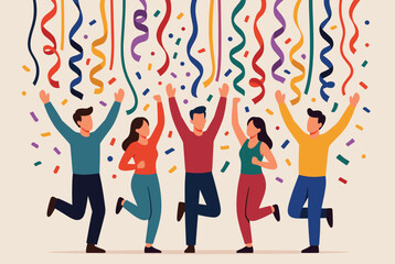 Obraz premium Group of five joyful friends celebrate together under falling colorful confetti and long streamers at a fun party.