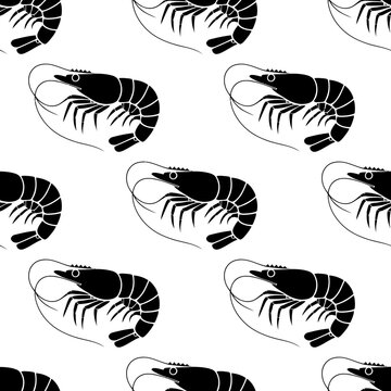 Seamless pattern featuring repeating black shrimp silhouettes on a white background, for textile and, food packaging applications