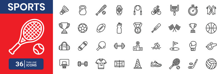 Obraz premium Sports themed outline line icons set for athletic games fitness training and healthy lifestyle