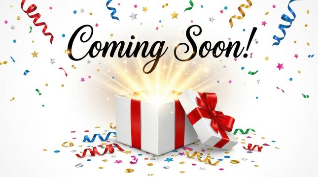 Gift box with red ribbon and confetti, Coming Soon!