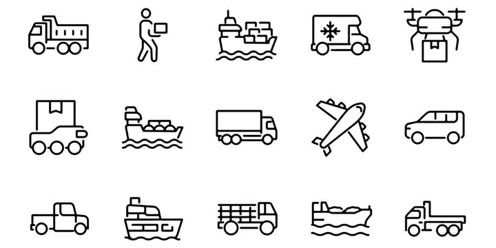 Set of outline icons related to types of delivery transport. Linear icon collection. Editable stroke. Vector illustration