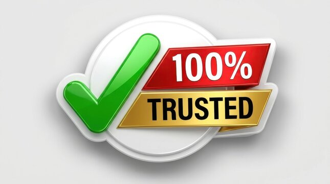 Green Checkmark on 100 Percent Trusted Badge with Reflective Surface and Shadow