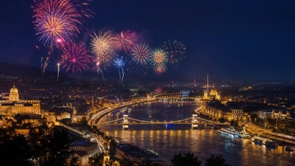 Panoramablick über Budapest an Silvester. Bunte Feuerwerkskörper erleuchten die Donau, die Kettenbrücke und die historische Skyline und schaffen eine spektakuläre Festtagsatmosphäre.