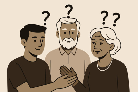 Three people from different generations looking confused with question marks above their heads against a plain background.