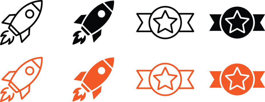 Rocket ship icons and award badges set for website and app design