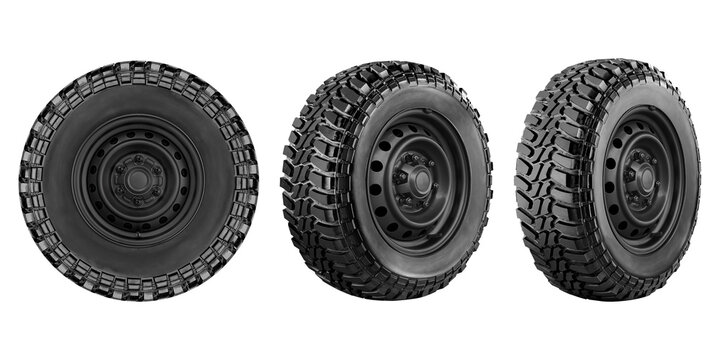 Car tire and wheel rim off-road set photo view black colour isolated on transparent background