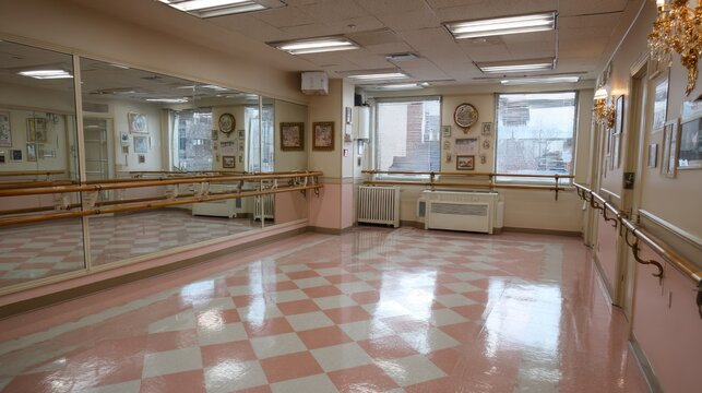 Empty Dance Studio with Mirrors and Wooden Railings.