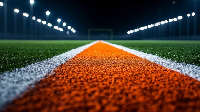 Night soccer field, close-up view of center line markings, artificial turf, bright lights.