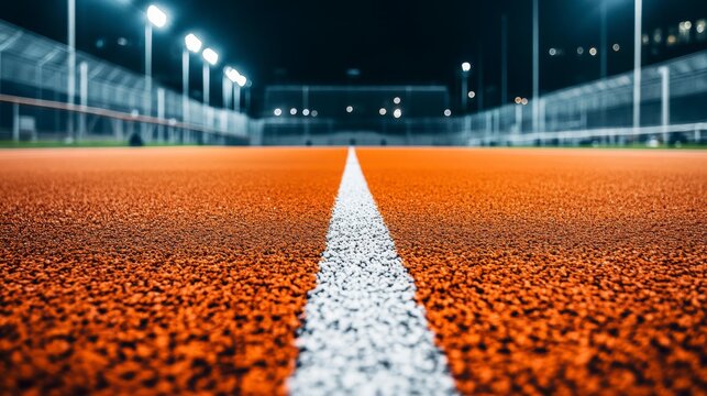 Night view of an empty sports field with bright lights and a white line down the center.