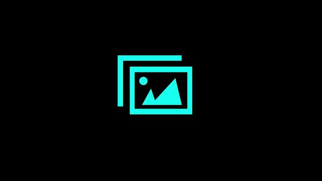 A bright cyan photo gallery icon on a black background, featuring two overlapping rectangles with a simplified picture outline of mountains and a sun.