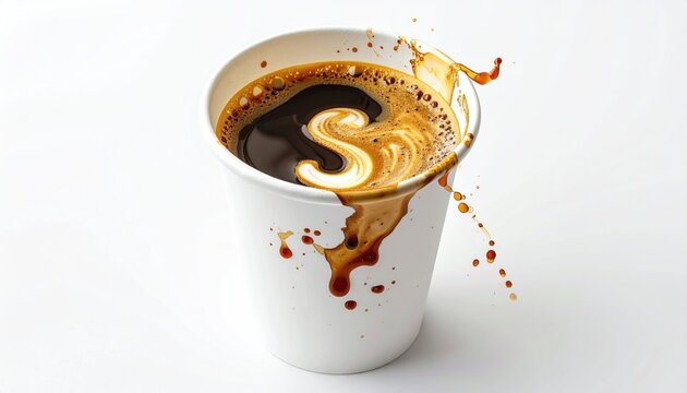Hot, dark beverage splashes from white paper cup, creating foam swirls