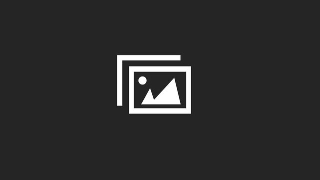 A bright cyan photo gallery icon on a black background, featuring two overlapping rectangles with a simplified picture outline of mountains and a sun.