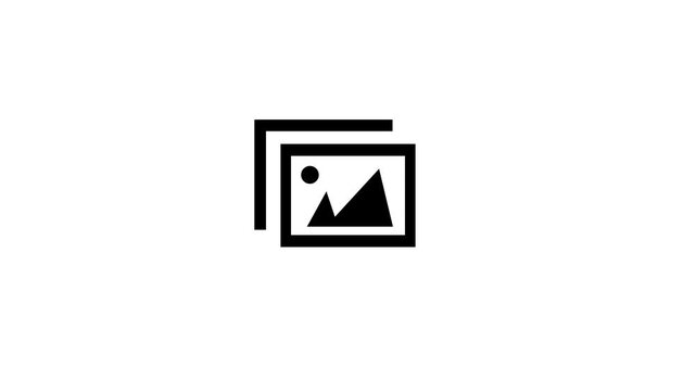 A bright cyan photo gallery icon on a black background, featuring two overlapping rectangles with a simplified picture outline of mountains and a sun.