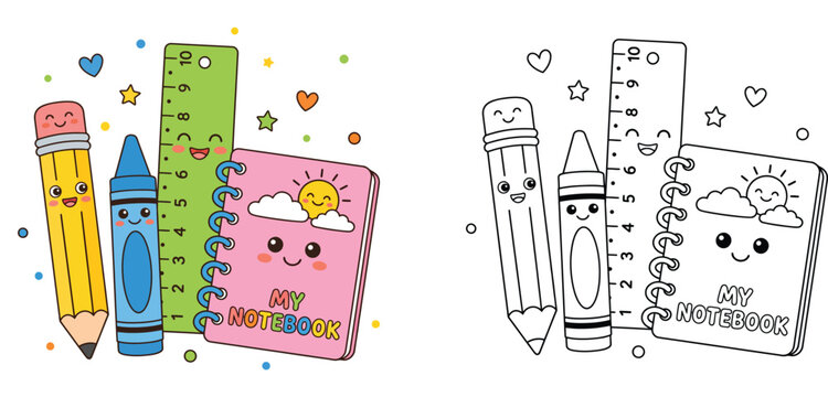 Cute school supplies coloring page with kawaii pencil, ruler, crayon, and notebook, kids educational vector illustration set with color and line art outline version