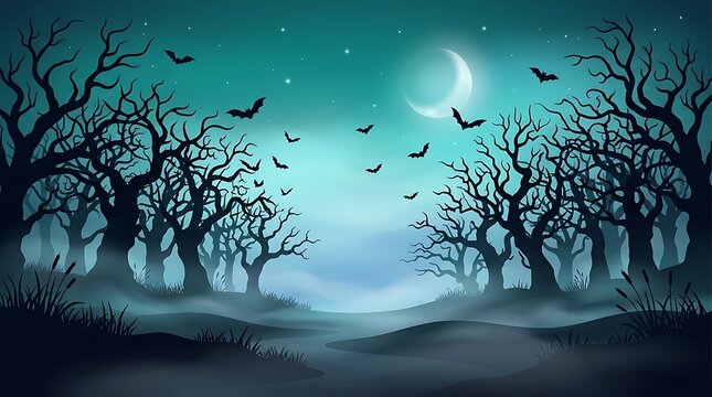 Spooky haunted forest background with crescent moon and flying bats