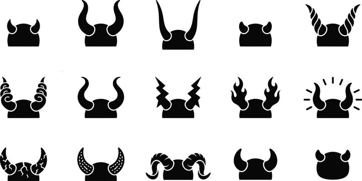 Set of black devil horns and demon head icons in various shapes and styles