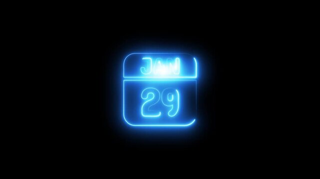Neon glowing calendar january 29 date animation