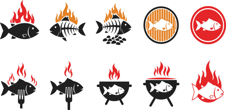 Grilled Fish Barbecue Icon Set with Seafood BBQ Labels Flame Fires Bones Forks and Grills for Restaurant Menus and Food Branding Designs
