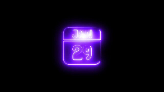Neon january 29 calendar date glowing purple sign animation