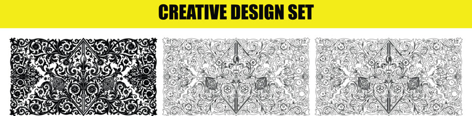 Collection of rectangular damask floral panels with detailed vintage engravings for decorative ornate wallpaper designs. © Md Asif Shahnaoaz
