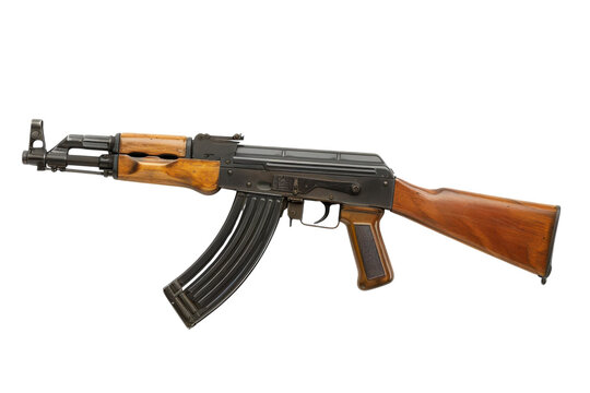 Detailed side view of a classic ak47 assault rifle featuring polished wooden furniture and a dark metal body captured in high resolution on white background