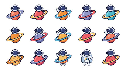 Professional Set of 15 Colorful Astronauts with Planetary Rings Whimsical Space Themed Illustrations © Mukri